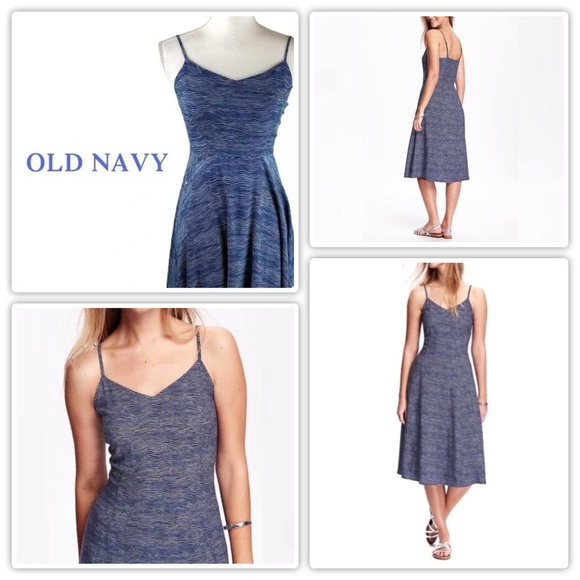 Old Navy Blue Wavy Stripe w Spaghetti Strap Midi Sun Dress Womens XS EUC - Picture 1 of 8